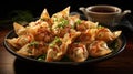 Fried Wontons with Chilli Flakes and Spring Onion on Selective Focus Background