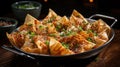 Fried Wontons with Chilli Flakes and Spring Onion on Selective Focus Background