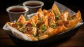 Fried Wontons with Chilli Flakes and Spring Onion on Selective Focus Background