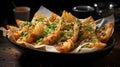 Fried Wontons with Chilli Flakes and Spring Onion on Selective Focus Background