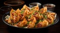 Fried Wontons with Chilli Flakes and Spring Onion on Selective Focus Background