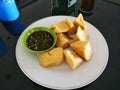 Fried Yellow Triangle Tofu Tahu Kuning Segitiga Goreng Traditional Indonesian Street Snack Food Royalty Free Stock Photo
