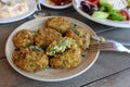 Fried zucchini balls plate in the greek tavern. Royalty Free Stock Photo