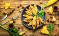 Stuffed fried zucchini flowers,top view Royalty Free Stock Photo