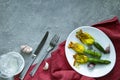 Fried Zucchini Flowers Stuffed with cream cheese with garlic. Copy space Royalty Free Stock Photo
