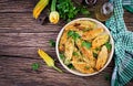 Fried zucchini flowers stuffed with ricotta and green herbs. Vegan food. Royalty Free Stock Photo