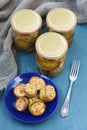 Fried zucchini slices pickled in olive oil with herbs and filled in a canning jar, top view