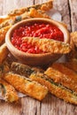 fried zucchini sticks breaded with parmesan and tomato sauce closeup. vertical