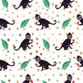 Frieda black monkey seamless pattern with green leaves and golden dots
