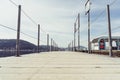 Friedelstrand, south shore WÃÂ¶rthersee, Klagenfurt, Carinthia, Austria - February 20, 2019: Pier of the WÃÂ¶rthersee-Schifffahrt,