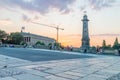 Friedrichs Brucke bridge with undefined people at sunset.