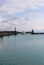 Friedrichshafen harbor on the other side in Baden-Wurttemberg, Germany, vertical shot Royalty Free Stock Photo