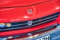 FRIEDRICHSHAFEN - MAY 2019: logo emblem of red FIAT OSI 1200 SPYDER 1965 COUPE at Motorworld Classics Bodensee on May 11, 2019 in