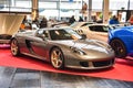 FRIEDRICHSHAFEN - MAY 2019: silver PORSCHE CARRERA GT 2002 at Motorworld Classics Bodensee on May 11, 2019 in Friedrichshafen,