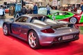 FRIEDRICHSHAFEN - MAY 2019: silver PORSCHE CARRERA GT 2002 at Motorworld Classics Bodensee on May 11, 2019 in Friedrichshafen,