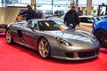 FRIEDRICHSHAFEN - MAY 2019: silver PORSCHE CARRERA GT 2002 at Motorworld Classics Bodensee on May 11, 2019 in Friedrichshafen,