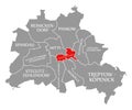 Friedrichshain-Kreuzberg city district red highlighted in map of Berlin Germany