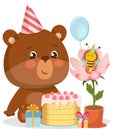 A friend bee congratulates a cute cartoon bear cub and gives him gifts and a cake.
