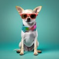 dog pet yellow background puppy goggles glasses cute animal chihuahua portrait. Generative AI. Royalty Free Stock Photo