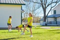 Friend girls teens playing football soccer in a park Royalty Free Stock Photo