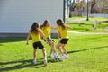 Friend girls teens playing football soccer in a park Royalty Free Stock Photo