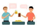 Friend male character talk conversation, drink beer bar chatting box isolated on white, flat vector illustration. Man