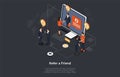 Friend Refferal Program Conceptual Design. Special Bonus And Benefit System. Isometric Vector Illustration, Cartoon 3D