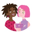 Friend is sharing video to a friend. Vector illustration of friendship in flat cartoon style.