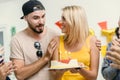 Friend surprise woman with birthday cake and party to beautiful women she very happy and smile