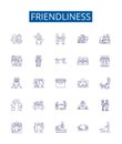 Friendliness line icons signs set. Design collection of Affability, Amiability, Approachability, Benevolence Royalty Free Stock Photo