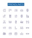 Friendliness line icons signs set. Design collection of Affability, Amiability, Approachability, Benevolence