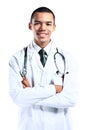Friendly african american doctor on white
