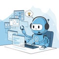 Friendly AI Robot Chatbot Working on Laptop with Web Interfaces and Idea Bubble Royalty Free Stock Photo