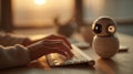 Friendly AI robot observing typing hands, reflecting human-machine teamwork, digital assistance, and advanced technology in Royalty Free Stock Photo