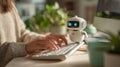 Friendly AI robot observing typing hands, reflecting human-machine teamwork, digital assistance, and advanced technology in Royalty Free Stock Photo