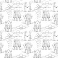 Friendly aliens. Seamless pattern drawn by one line. Stock vector illustration.