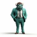 Friendly Anthropomorphic Bison In Hyperrealistic Green Suit - Cartoon Character