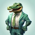 Friendly Anthropomorphic Caiman In Green Turquoise Suit Hiperrealistic Cartoon Drawing