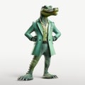 Friendly Anthropomorphic Caiman In Green Turquoise Suit, Hyperrealistic Cartoon Illustration