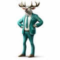 Friendly Anthropomorphic Caribou In Green Turquoise Suit - Hyperrealistic Cartoon Artwork