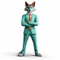 Friendly Anthropomorphic Coyote In Green Turquoise Suit - Hiperrealistic Cartoon Art