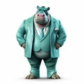 Friendly Anthropomorphic Hippopotamus In Turquoise Suit - Detailed Character Expression