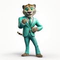 Friendly Anthropomorphic Jaguar In Hiperrealistic Green Turquoise Suit - Cartoon Illustration