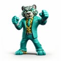 Friendly Anthropomorphic Jaguar In Hyperrealistic Cartoon Green Turquoise Suit Illustration