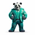 Friendly Anthropomorphic Panda Bear In Green Turquoise Suit Hyperrealistic Cartoon