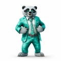 Friendly Anthropomorphic Panda Bear In Green Turquoise Suit Hiperrealistic Cartoon