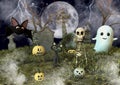 A friendly bat, black cat, skeleton, sheet ghost and Halloween pumpkins in a cemetery. Royalty Free Stock Photo