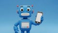 Friendly Blue Robot Holding a Smartphone Royalty Free Stock Photo