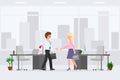 Friendly boy and girl hands shaking meeting appointment vector. Two partners negotiate deal at office interior cartoon character Royalty Free Stock Photo