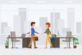 Friendly boy and girl hands shaking meeting appointment workplace vector illustration. Partners negotiation cartoon character